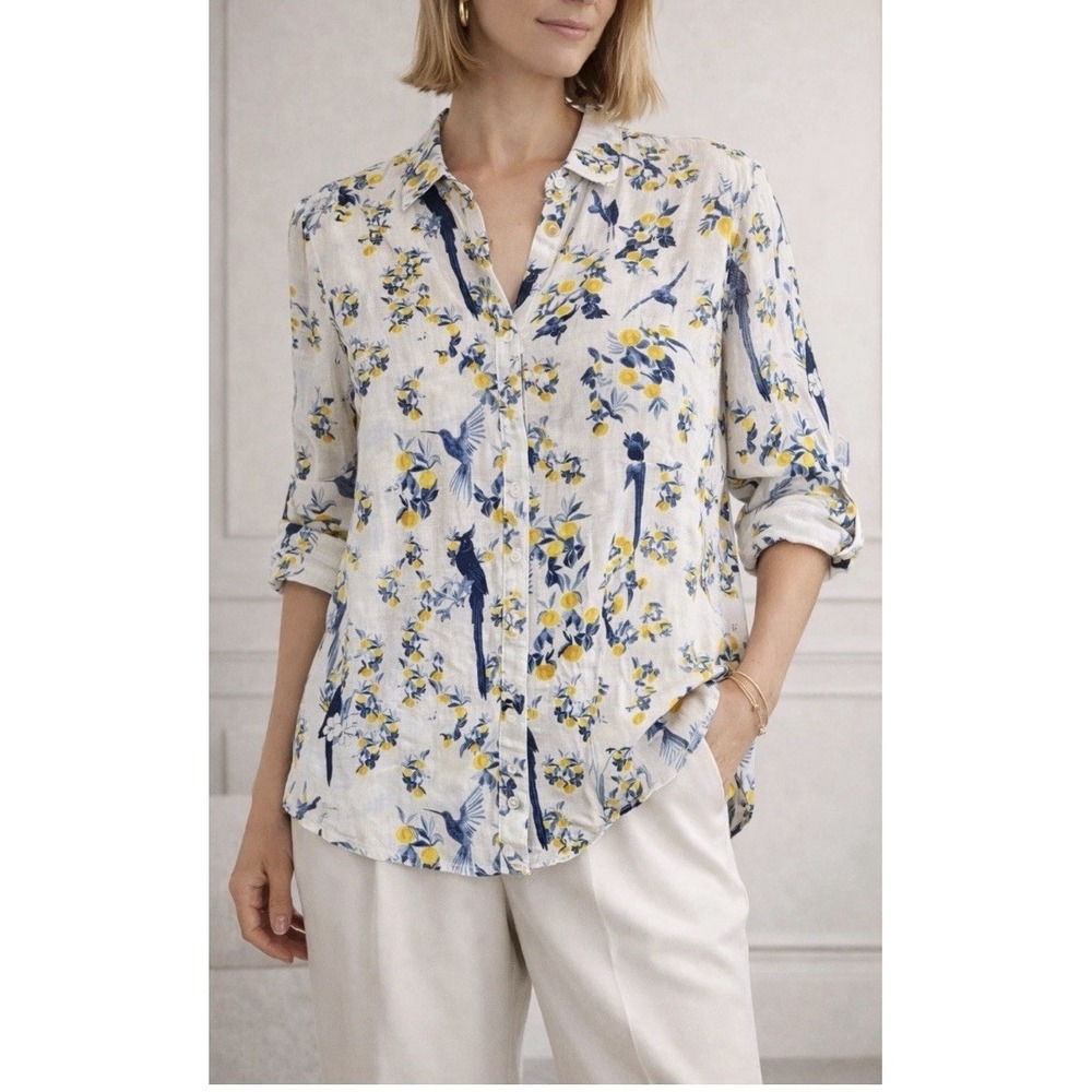 Isaac Mizrahi 100% Linen Button Up Shirt Top‎ Bird Print Sz 2X Coastal Beachy